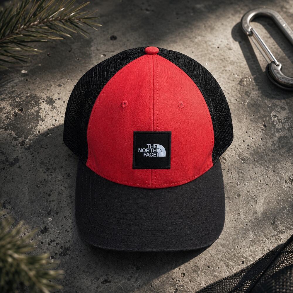 The North Face Trucker Hat Red Black Mesh Back Box Logo Cap Unisex One Size